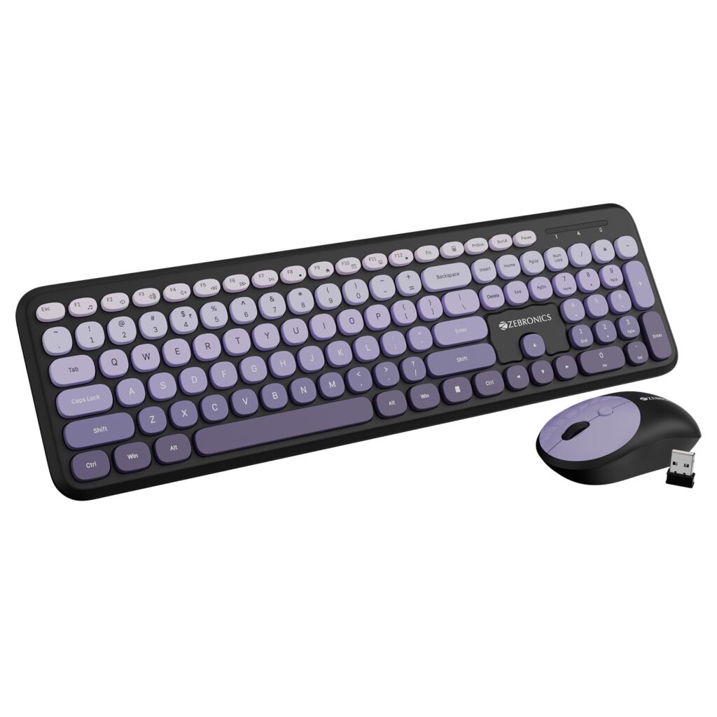 Zebronics Wireless Keyboard & Mouse Combo, 106 UV-Coated Keys, ₹ Key, 13 Multimedia Keys, Retractable Stand, 4 Button Mouse, 1600 DPI, High Precision, USB Nano Receiver (Companion 302, Purple)