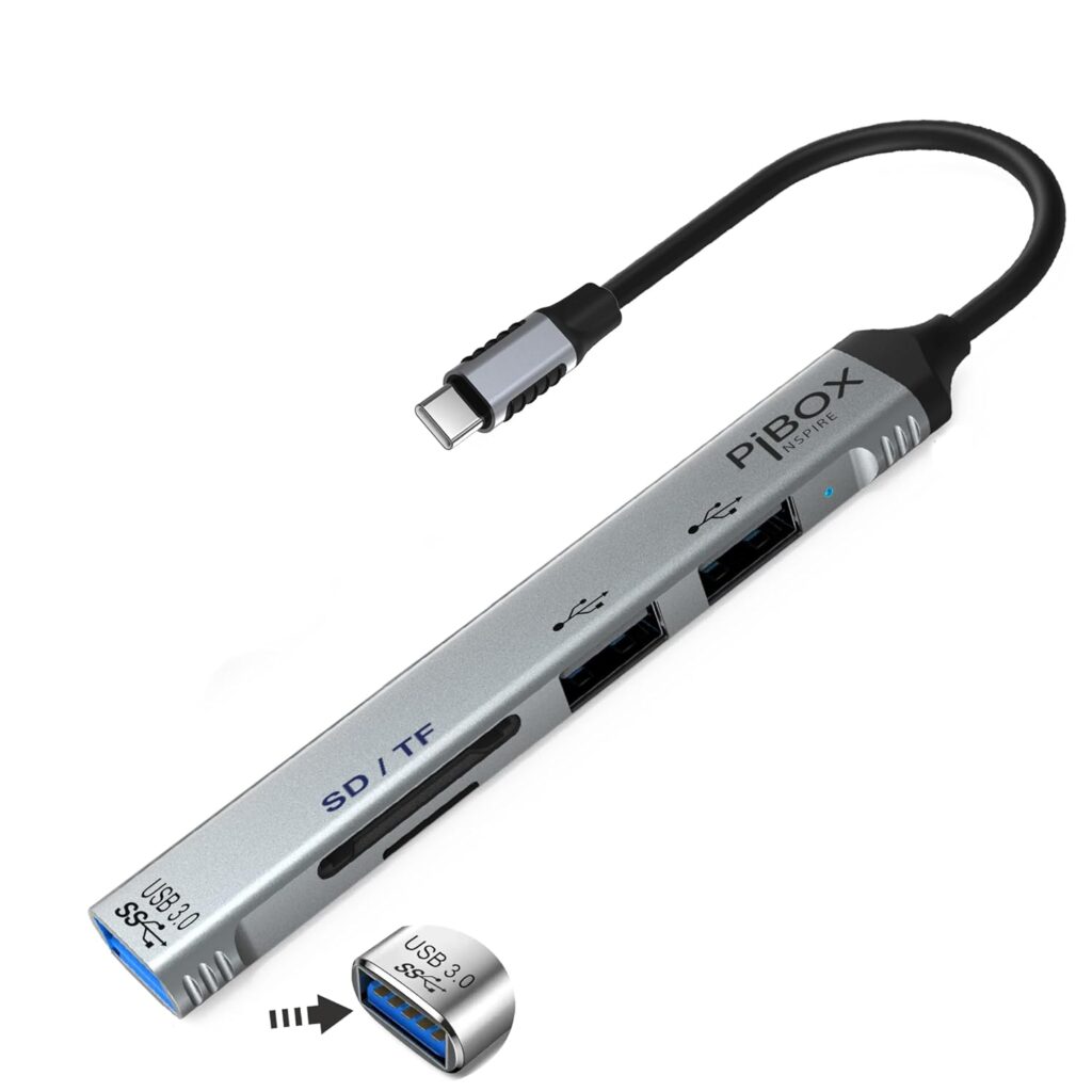 USB C Hub multiport, PiBOX India USB C to USB Adapter Multiport, USB C and USB 3.0 to USB A SD TF 5 Port Hub, USB-C to USB Hub 3.0, SD TF Micro SD, for MacBook Pro, USB Splitter Aluminum, Color Gray