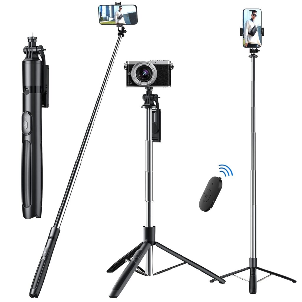 Long Selfie Stick with Tripod Stand 62" Reinforced Tripod for Mobile Phone Multi-Functional Bluetooth Selfie Stick for Travelling Vlogging Live Stream Suitable for Action Mirrorless Camera
