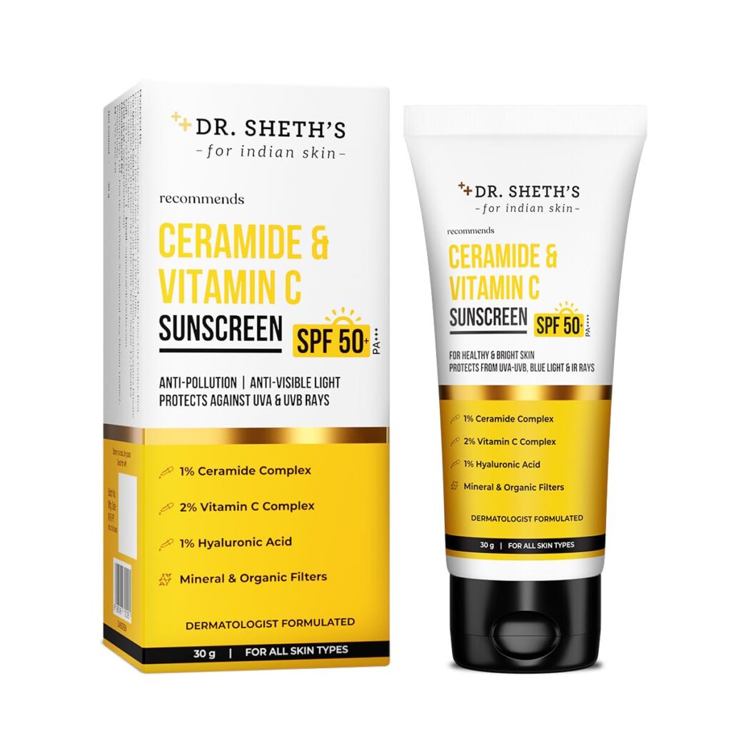 Dr. Sheth's Ceramide & Vitamin C Sunscreen | SPF 50+ Pa+++ | In-Vivo Tested | For Bright Skin & Healthy Glow | Non-Greasy, Quick-Absorbing, No White Cast | UVA/B & Bluelight Protection | For Men & Women | For All Skin Type | 30 g