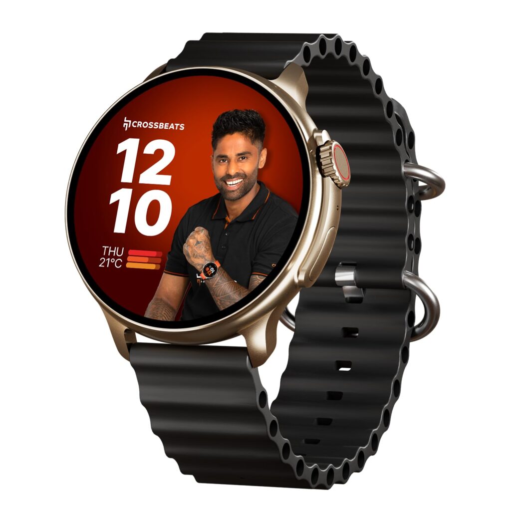 CrossBeats Aura Round 1.46" Super AMOLED Smart Watch, Always On, Advanced AI ENC Bluetooth Calling, in-Built Games, Fast Charge, Rotating Crown, 123+ Sports Modes, 454 × 454 Pixel (Gold, Black)
