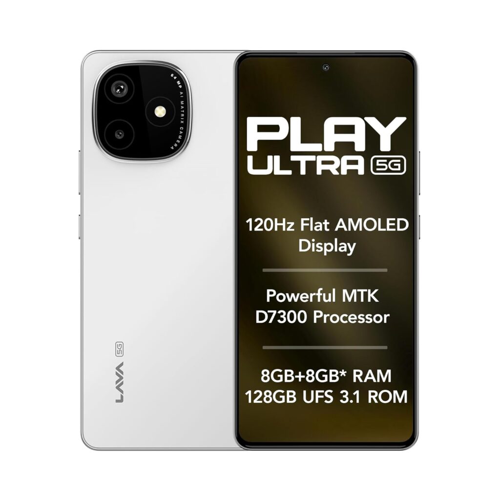Lava Play Ultra 5G (Arctic Frost, 8+8*GB RAM, 128GB Storage)|MTK D7300 Processor-700K+ Antutu| 6.67" FHD+AMOLED Display | 64MP Camera | UFS 3.1 Storage | 5000mAh Battery-33W fast charging | IP64 Rated