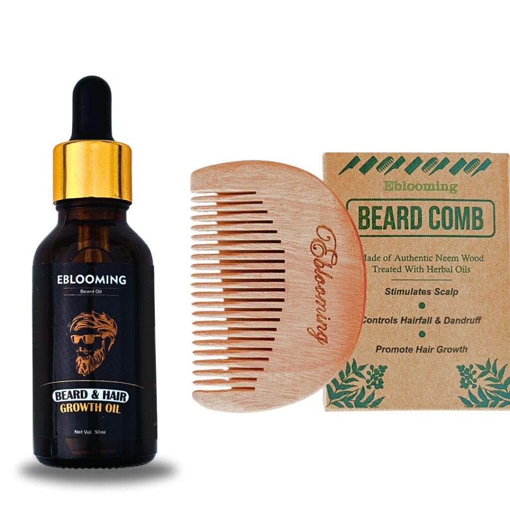 Beard Care Combo | 30ml Beard Oil & Neem Wood Comb | 100% Natural Growth Oil | Lightweight, Non-Sticky Formula with Olive, Almond, Jojoba & Tea Tree Oils | Nourishes & Strengthens Beards