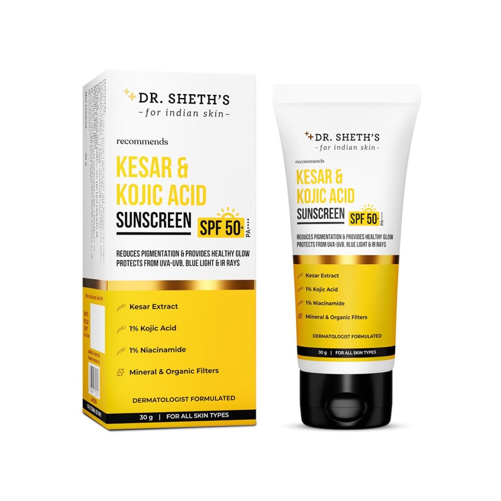 Dr. Sheth's Kesar & Kojic Acid Sunscreen SPF 50+ Pa++++ |In-Vivo Tested | For Pigmentation-Free Skin | Lightweight & Non Greasy | For UVA/UVB & Blue Light & IR Protection | No White Cast | For All Skin Types | For Men & Women | 30 g