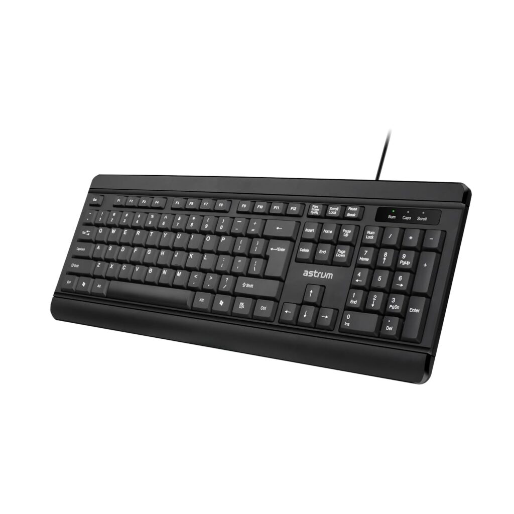 Astrum KB170 Slim Wired 104 Key Silent Keyboard with Sturdy tilt Legs for Windows/Chrome OS/Linux/PC/Laptops/Desktop, Spill Resistant, Simply Plug and Play (Black)