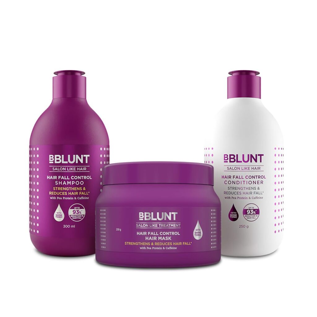 BBlunt Hair Fall Control Combo | Shampoo + Conditioner + Hair Mask | Reduces Hair Fall | Strengthens Hair | Enriched with Shine Tonic | For Men & Women | 300 ml + 250 g + 250 g