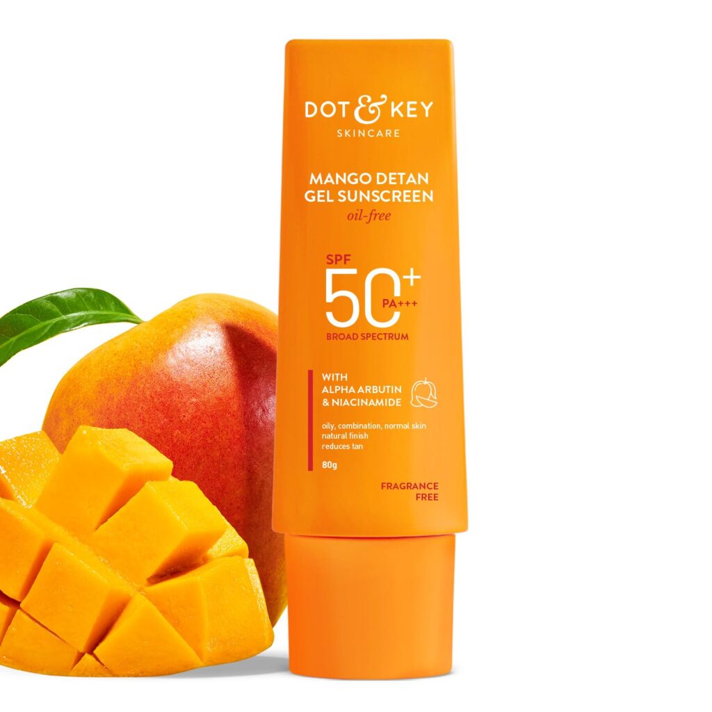 Dot & Key Mango Detan Gel Sunscreen SPF 50+ PA+++ 80g | Oil-Free, With Alpha-Arbutin & Niacinamide | Controls Tanning, Brightens Skin | Fades Dark Spots, Water Resistant | All Skin Types