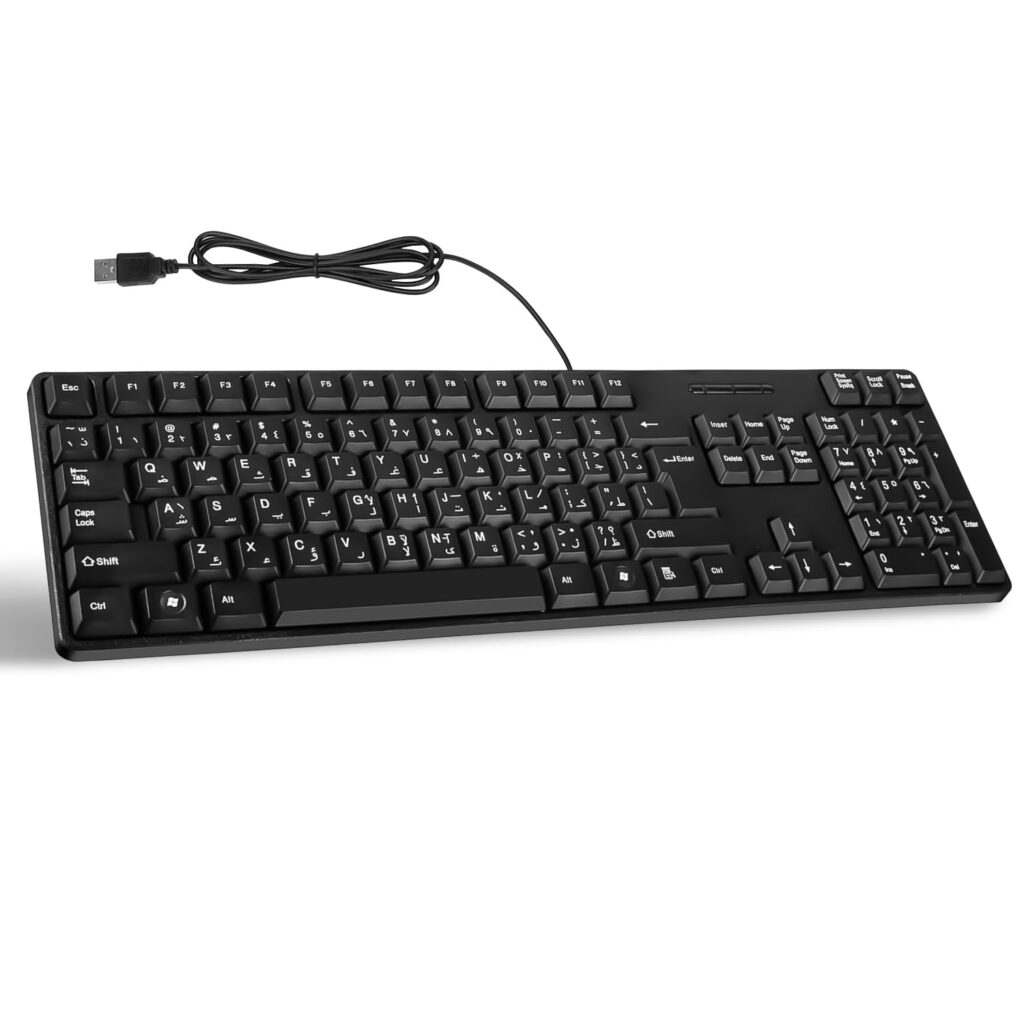 Yakiter Wired Arabic/English Computer Keyboard, كيبورد عربي و انجليزي Full-Size Keyboard, 104-keys, USB Plug-and-Play, Foldable Stands, Compatible with PC, Laptop