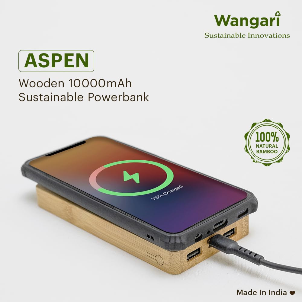 Wangari Aspen 10000mAh Bamboo Power Bank | Fast Portable Charger with Dual USB Output & Type-C/Micro USB Input | LED Battery Indicator | Eco-Friendly Wooden Design | Compatible with iPhone & More