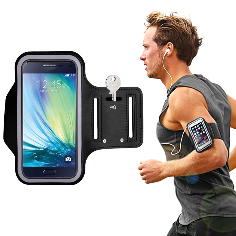 Arm Band for Mobile, 7 Inches Adjustable Waterproof Cell Phone Armband, Elastic Arm Band with Card Holder, Arm Mobile Holder for Men, Phone Holder for Running, Walking and Cycling (Black)