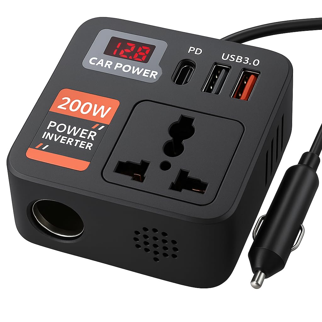 Primate 200W Car Power Inverter with 2 USB Ports (18W & 15W QC3.0), 1 USB-C 30W PD, 2 AC Universal Outlets, 12V DC to 220V AC Converter for Laptop, Phone, and Electronics Charging (Plug Car Charger)