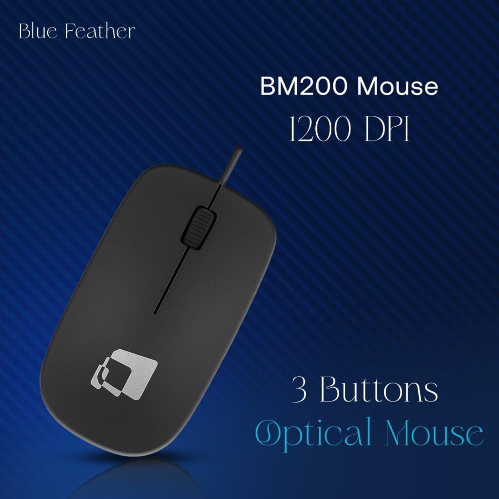 Blue Feather BM200 USB Wired Optical Mouse, 3 Buttons, Clickable Scroll Wheel, Plug & Play Optical Sensor Mouse for Laptop/Computer/PC with 1 Year Warranty (Black)