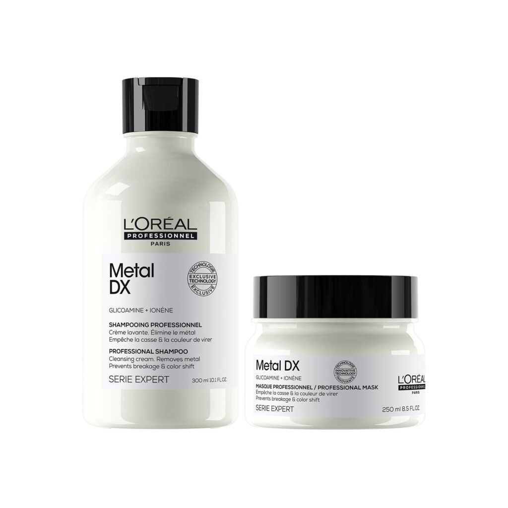 L’Oréal Professionnel Metal DX Anti-Metal Sulfate-Free Cleansing Cream Shampoo & Mask 300ml+250ml | Professional Routine for Less Breakage, Get Strong & Shiny Hair | With Glicoamine | For Men & Women