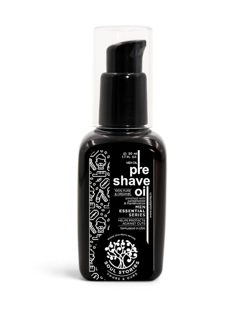 Soul Stories Pre-Shave Oil – 100% Natural Moisturising Beard & Skin Prep Oil | Reduces Irritation, Prevents Burns & Ingrown Hair | Enriched with Sandalwood, Olive & Vitamin E | 30ml