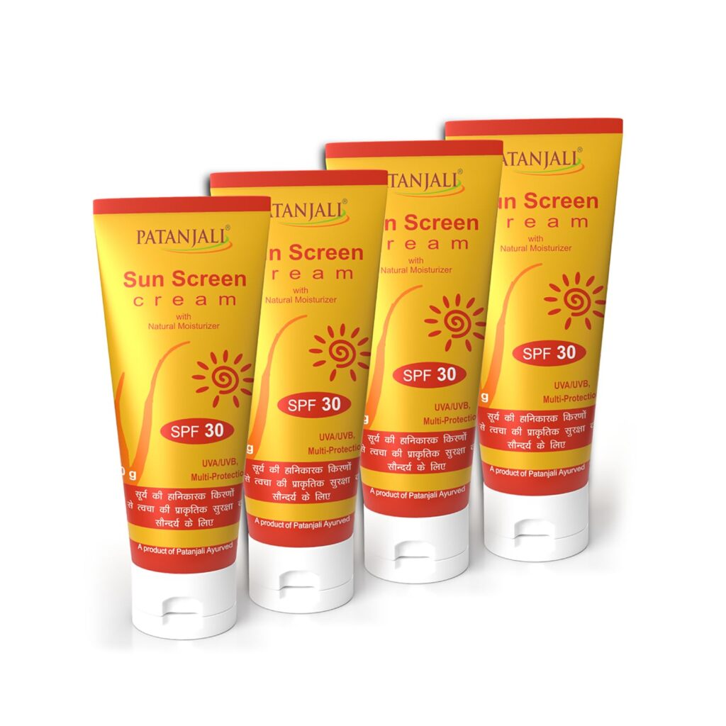 Patanjali Sunscreen Cream SPF 30, for Sun Protection with Natural Ingredients for All Skin Types 50g (50gx4) - Pack of 4
