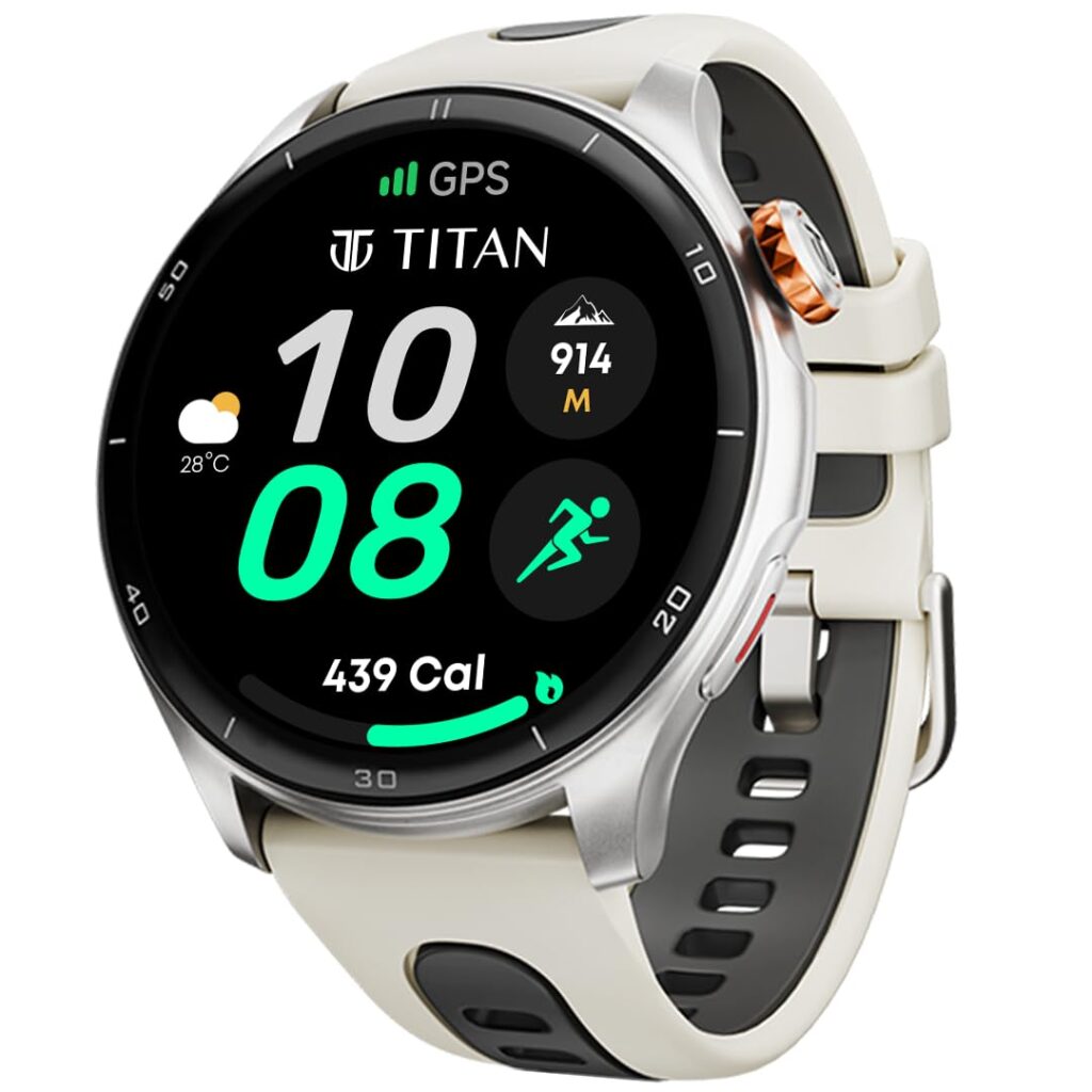 Titan Celestor 1.43" AMOLED Smart Watch with Built-in GPS, Advanced Health Intelligence, AI Voice Assistant, Aluminium Case, 100+ Sports Modes, Water Resistance – Smartwatch for Men & Women (Beige)