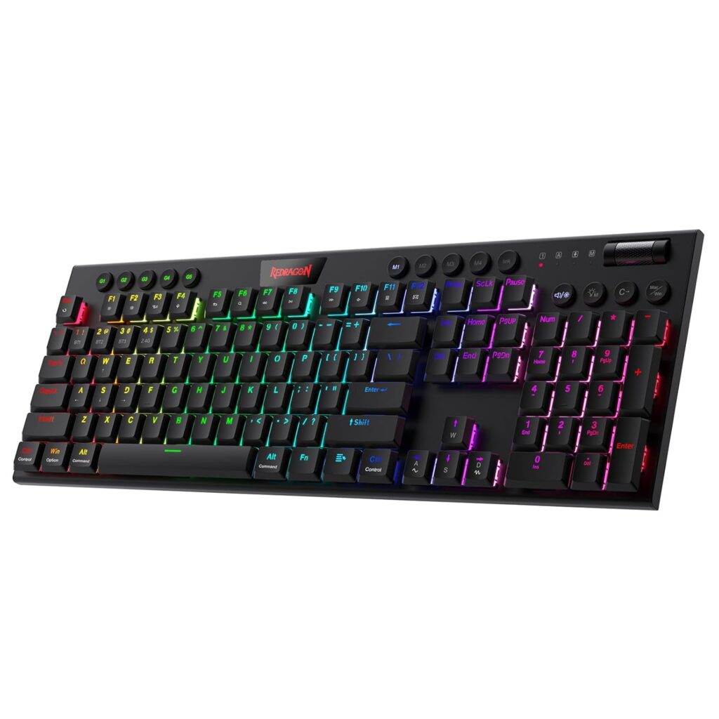 Redragon K618 Horus Wireless RGB Mechanical Keyboard, Bluetooth/2.4Ghz/Wired Tri-Mode Ultra-Thin Low Profile Gaming Keyboard w/No-Lag Cordless Connection, Dedicated Media Control & Linear Red Switch