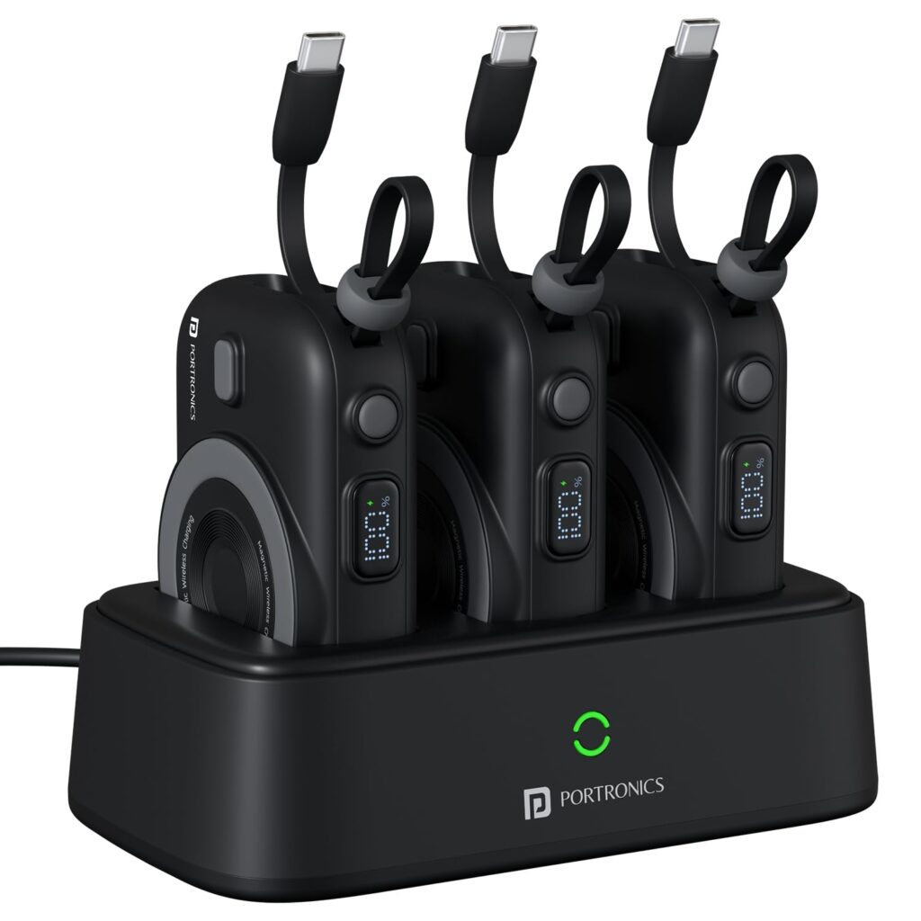 Portronics Power Shutter Home 3 x 10000mAh Fast Charging Wireless Powerbank with Charging Station, 22.5W Wired Output, 15W Wireless Output for iPhone 12 & Above, Android & Other Qi Enabled Devices