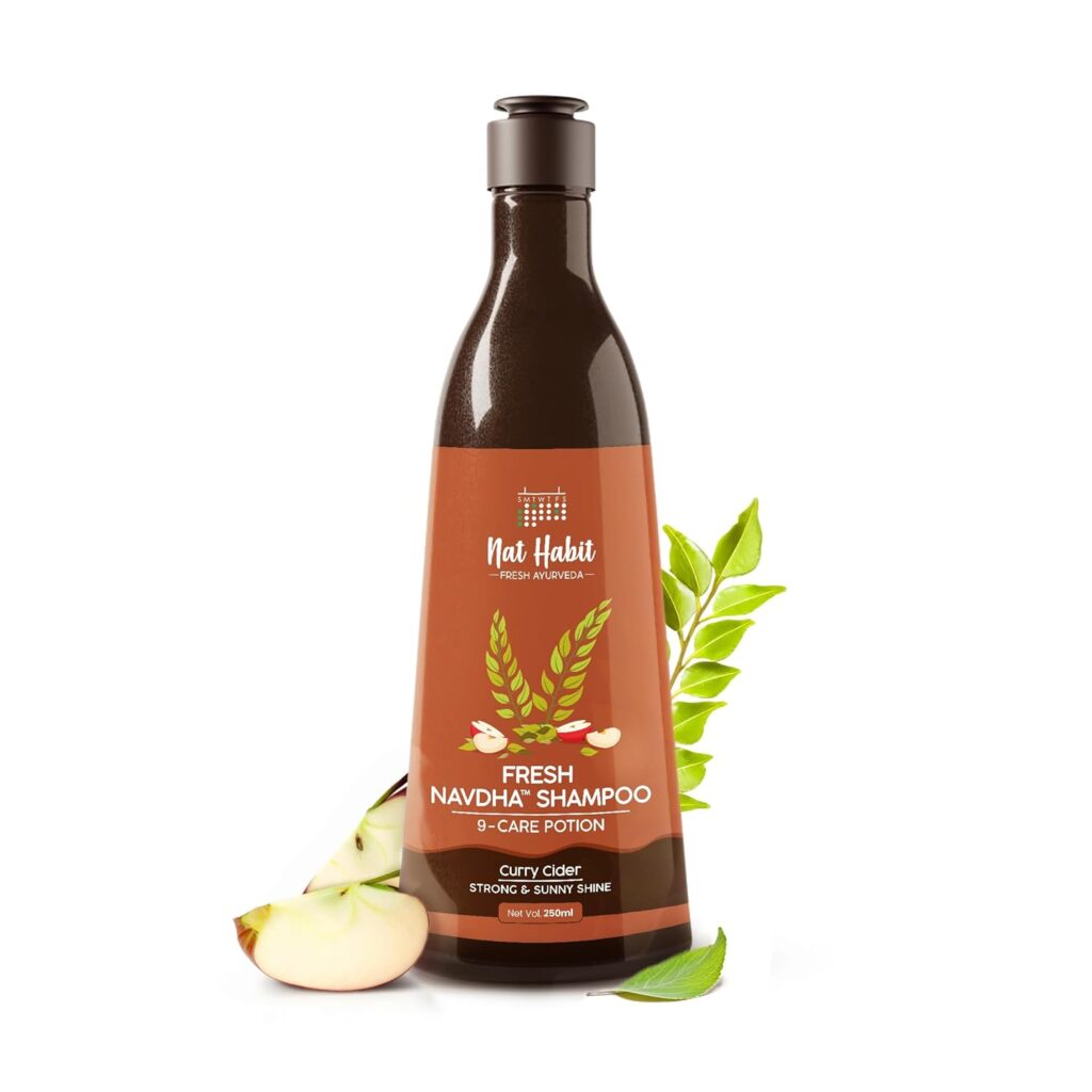 Nat Habit Curry Cider Navdha Shampoo for Breakage Control & Shiny Hair| Apple Cider Vinegar & Fermented Soy| Amla Reetha Shikakai Herbal Shampoo for Women & Men|Natural ACV for Deep Conditioning|250ml