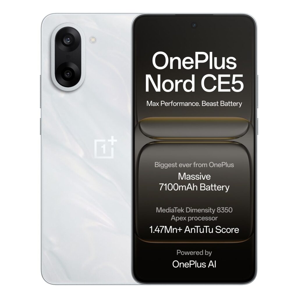OnePlus Nord CE5 | Massive 7100mAh Battery | MediaTek Dimensity 8350 Apex | Powered by OnePlus AI | 8GB + 128GB | Marble Mist