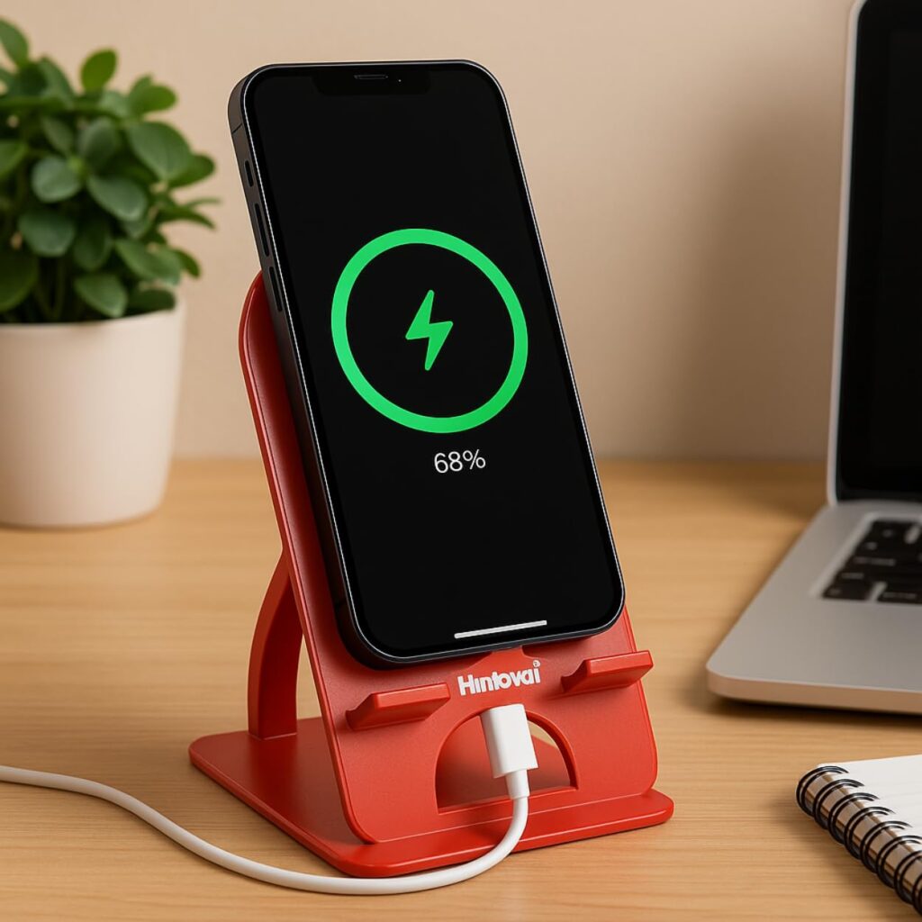 Adjustable Mobile Phone Stand – Foldable & Multi-Angle Desk Holder for Smartphones – Durable ABS Plastic, Charging Slot, Red Color (1)