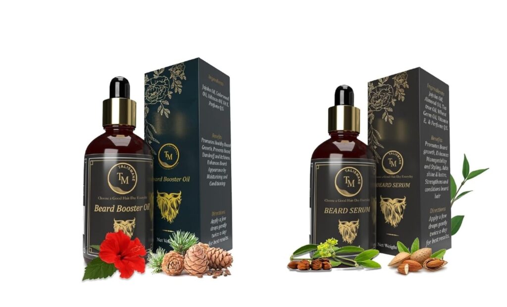 TALISMANE Professional Beard Booster Oil (30ml) & Nourishing Beard Serum (30ml) Combo (Pack of 2) with Vitamin E, Hibiscus, Almond Oil, Wheat Germ & Tea Tree for Thicker, Fuller, Shiny Beard