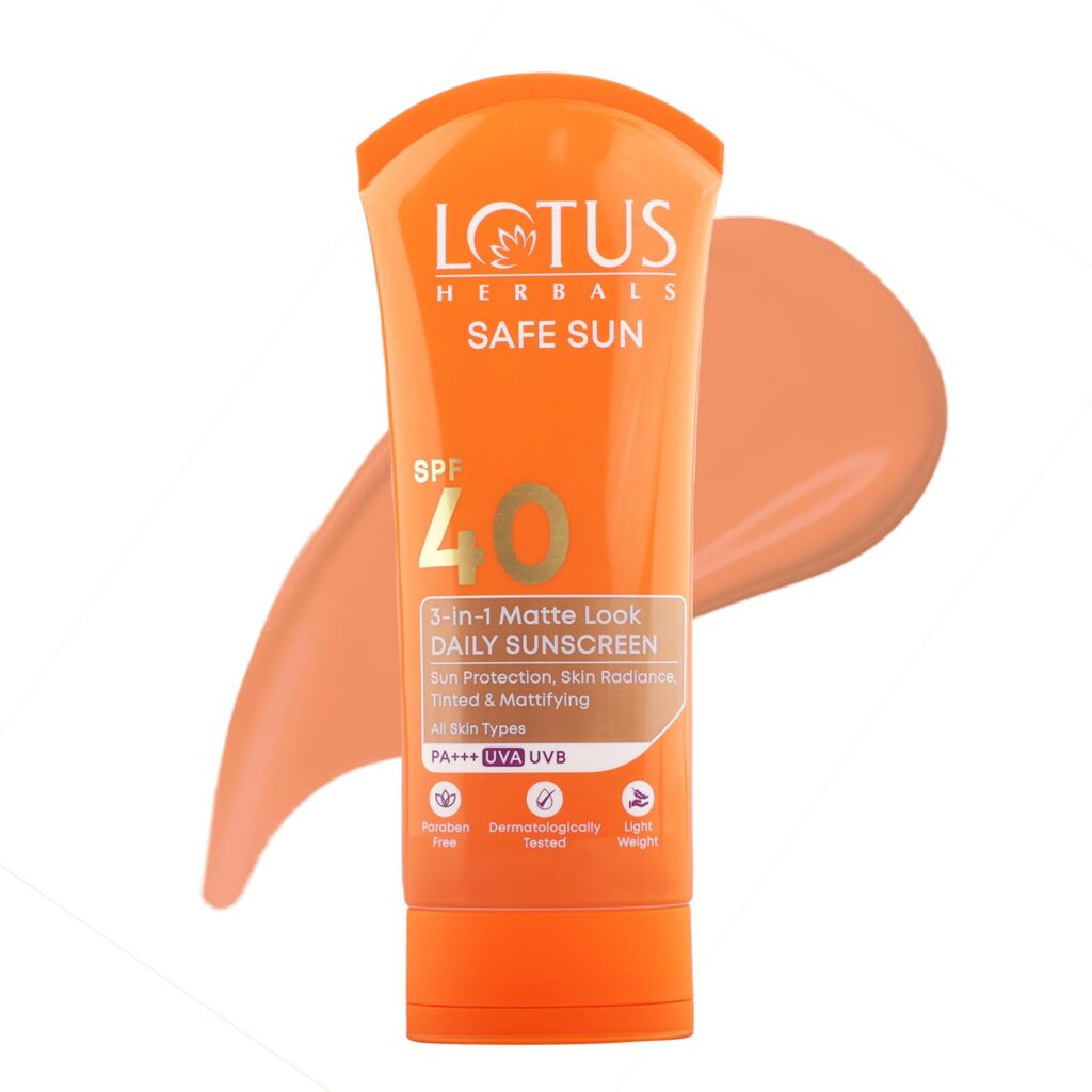 Lotus Herbals Safe Sun 3 In 1 Tinted Daily Sunscreen | Matte Look | SPF 40 UVB and PA+++ UVA | For Oily, Combination, Acne Prone & Normal Skin | Non-Greasy| No White Cast| 75g