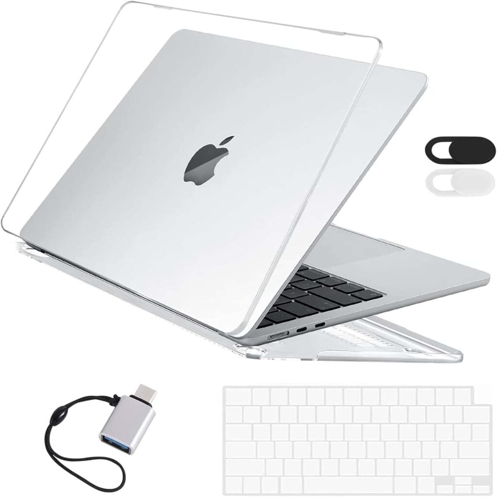 EooCoo Hard Shell Case Compatible for Apple 2025 2024 2022 MacBook Air 13.6 inch M4 A3240 M3 A3113 M2 A2681,Retina Display&Touch ID,Laptop Case & Keyboard Cover &Camera Cover &USB Type C Adapter-Clear