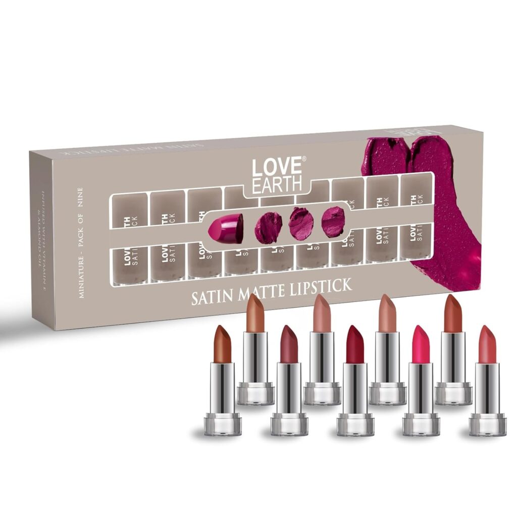 LoveEarth Satin Matte Lipstick Set – 9 Mini Lipsticks | Soft, Moisturizing & Long-Stay Formula | Multicolor, Lightweight & Non-Drying Lip Colors | (2g x 9) 18g