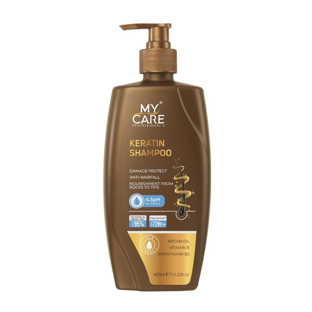 My Care Professional Keratin Hair Smoothening Shampoo 400ml |Salon-Like Smooth Hair 95% | Up To 72H Frizz Control | With Keratin Protein and Argan Oil | Vitamin E & Provitamin B5 | Damage Protect | Anti Hair fall | pH Balanced & Sulphate Free. 400ml