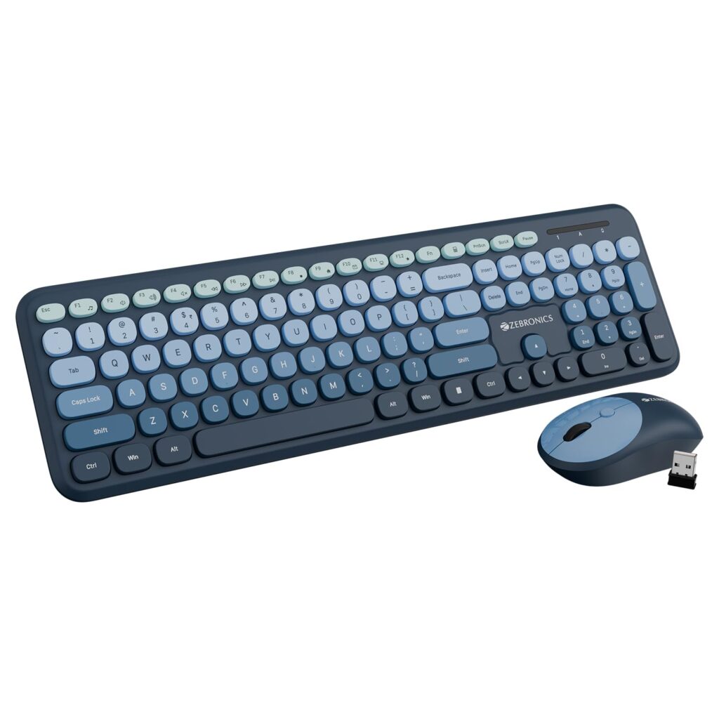 Zebronics Wireless Keyboard & Mouse Combo, 106 UV-Coated Keys, ₹ Key, 13 Multimedia Keys, Retractable Stand, 4 Button Mouse, 1600 DPI, High Precision, USB Nano Receiver (Companion 302, Dark Blue)