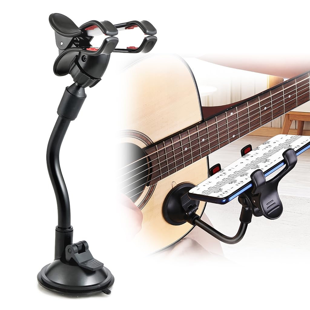HASTHIP® Suction Cup Guitar Phone Mount Bracket, 360° Adjustable Flexible Guitar Holder for 3.2-6.0'' Smartphones, Hands-Free Music App & Tab Viewing, Durable Stable Stand for Practice & Performance