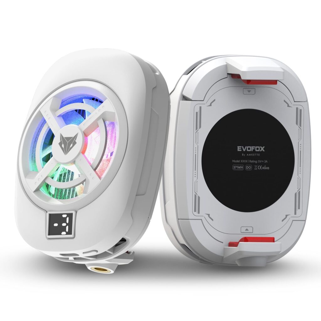 EvoFox Hailstone S Phone Cooler for Gaming | 15W 3 Level Cooling | 5000 RPM 7-Blade| Clamp Mount | RGB | Semiconductor Tech | Type-C Powered & Display | Compatible for Android and iPhones (White)