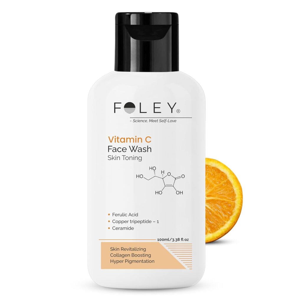 Foley Vitamin C Face Wash Cleanser for Glowing Skin, Even Tone & Dullness Repair | Infused with Ferulic Acid, Copper Peptides & Ceramides | Suitable for Men & Women | 100ml