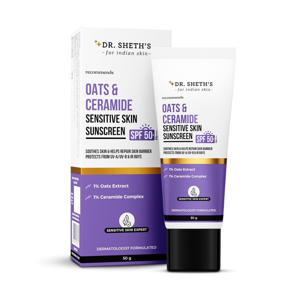 Dr. Sheth's Oats & Ceramide Sunscreen SPF 50+ PA++++ | Clinically tested In-Vivo, Non-Comedogenic & Patch Test | Oil-Free Sunscreen For Sensitive, Dry & Acne Prone Skin | Lightweight & No White Cast | Calming, Soothing & Non-Irritating | Strengthens Skin Barrier | Mineral Filters, Sun Protection From UVA/B/IR Rays | Men & Women | 50 g