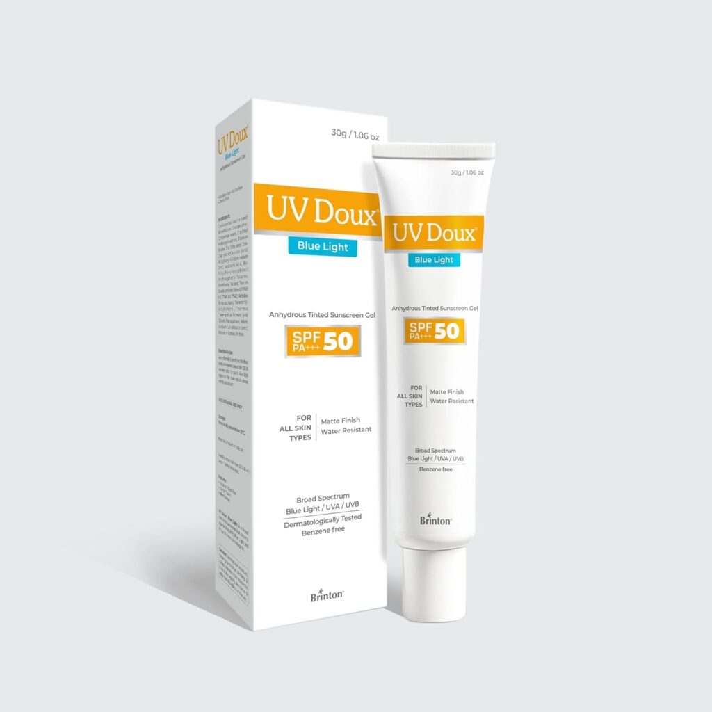 UV Doux Blue Light Tinted Sunscreen Gel SPF 50 PA+++ | UVA/UVB & Blue Light Protection | Matte Finish | Water & Sweat Resistant | Benzene-Free | For Oily, Acne & Sensitive Skin | 30 g