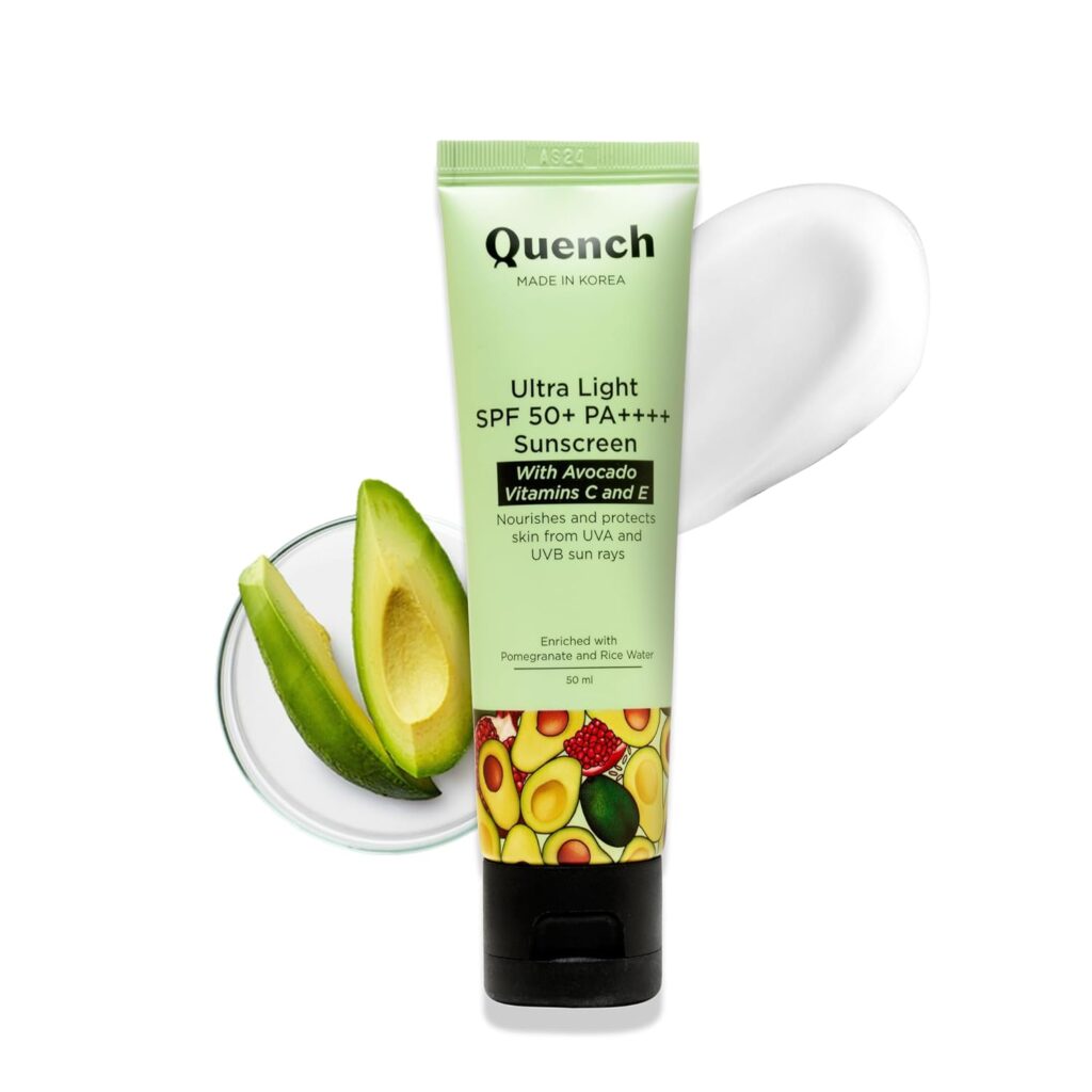 QUENCH BOTANICS Bravocado SPF 50+ PA++++ Korean Sunscreen With Vitamin E & Avocado For Glowing Skin, Lightweight & Non-Sticky, UVA & UVB Protection For Unisex Of All Skin Type, 50ml (Pomegranate)