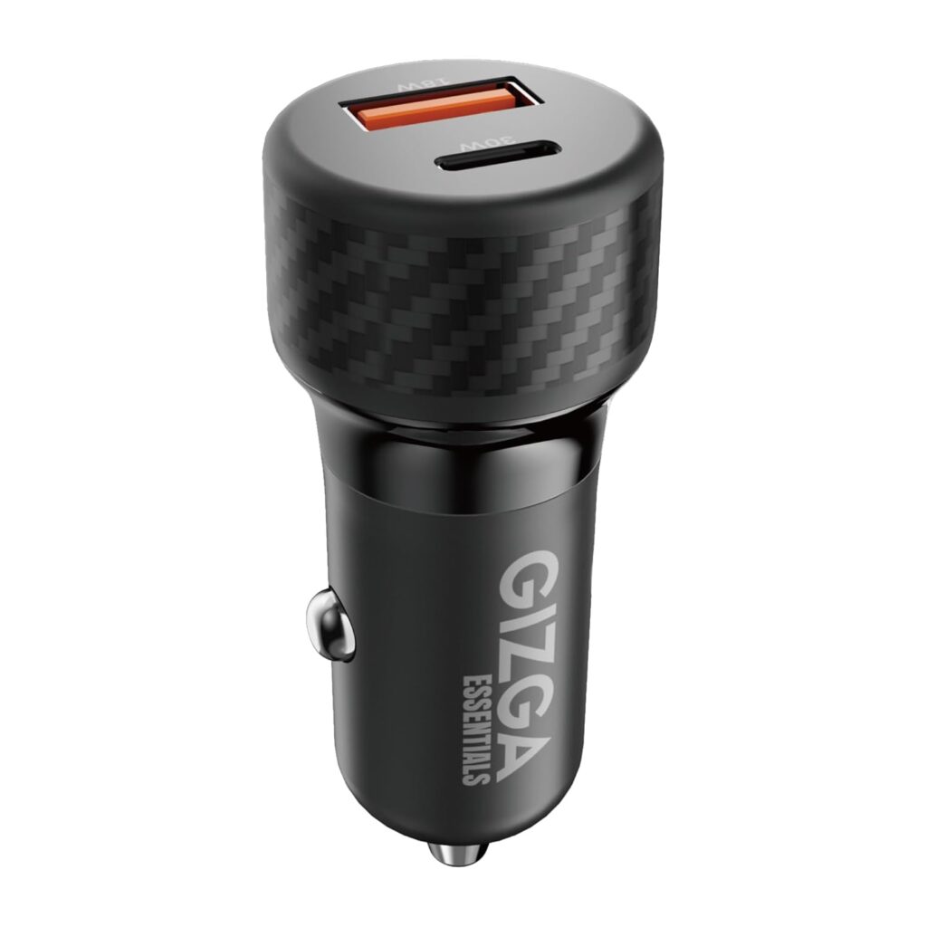 Gizga Essential 48W Dual Port Car Charger with PD Type-C & USB-A, Overvoltage & Temperature Protection | Compact Portable Car Adapter for iPhone, Android, Smartwatch, Earbud & Power Bank (Black)