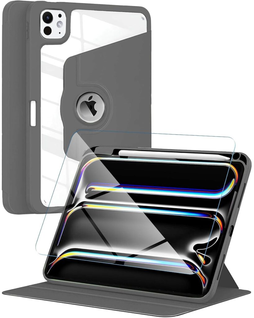 eller santé® 2IN1 Combo Back Flip Stand Cover Case + Tempered Glass for iPad Pro 11 inch (M4) 360 Degree Pencil Holder Free-Angle Viewing with Adjustable Stand Auto Wake/Sleep- Grey