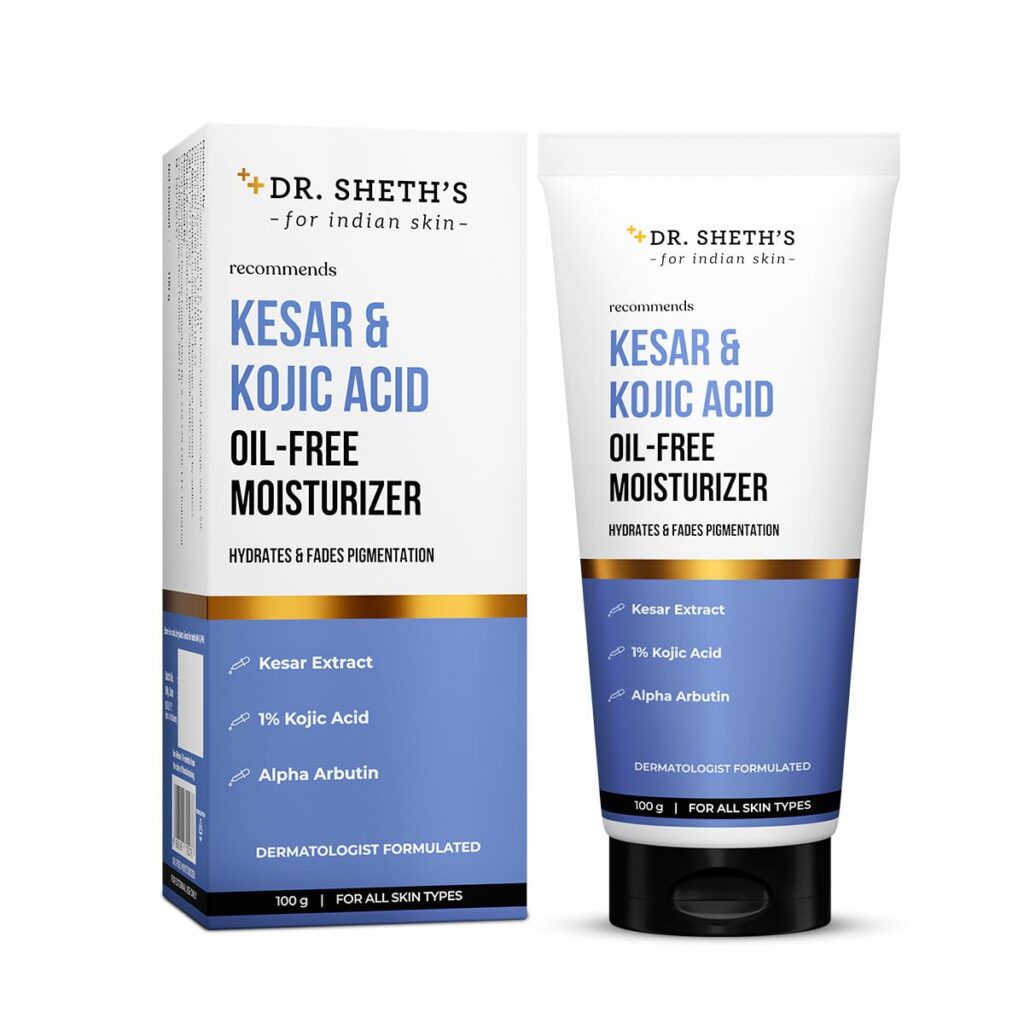 Dr. Sheth's Kesar & Kojic Acid Oil-Free Moisturizer | For Pigmentation-Free & Glowing Skin | Kesar Extract, 1% Kojic Acid, Alpha Arbutin | Lightweight, Fast-Absorbing & Non-Sticky,Gel Cream Texture | For Oily- Skin | For Men & Women | 100 g