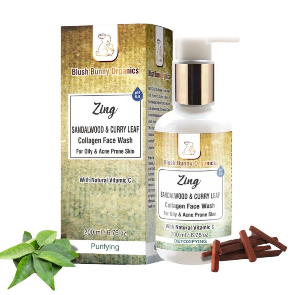 Blush Bunny Organies BBO Zing Sandalwood & Curry Leaf Collagen Face Wash for Oily & Acne-Prone Skin | Natural Vitamin C | No SLS & Parabens | Made in Sandalwood Hydrosol (200 ml)