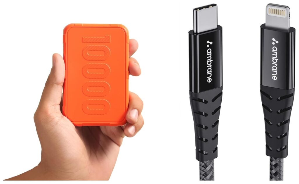 Ambrane 10000mAh Rugged, Slim & Compact Powerbank with Lightning Cable