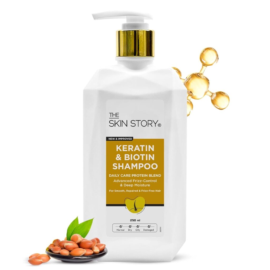 The Skin Story Keratin Shampoo for Normal Hair | Deep Cleansing & Frizz Control for Dry Hair | Nourishing Shampoo Enriched with Argan Oil, Macadamia Oil & Biotin | Paraben-Free | Women & Men | 250ml