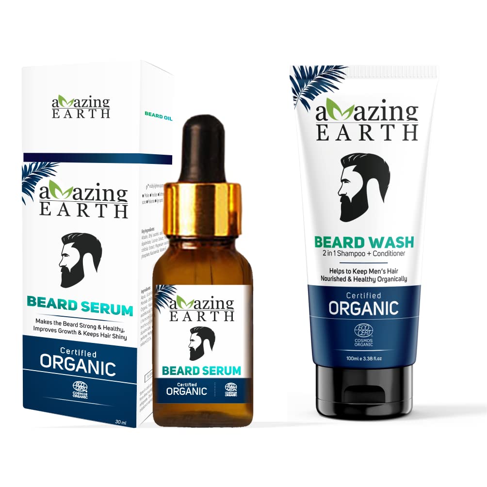 AMAzing EARTH Beard Serum 30 ml Hair Growth, Argan Oil, Shiny Beard & Beard Wash 2 in 1 Cleaning + Conditioning 100 ml for Men for Hard Curly Beard, Sulphate & Paraben Free Combo Certified Organic