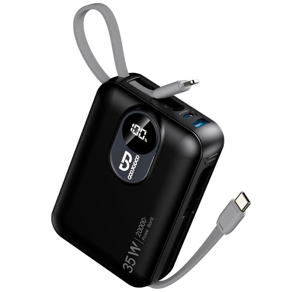 GOOJODOQ Power Bank 20000mah Fast Charging, 35W Fast Charging, Laptop Power Bank with Built-in Cable, Type C PD (Input & Output) Digital Display for iPhones, iPads, Macbooks, Samsung and Others -Black