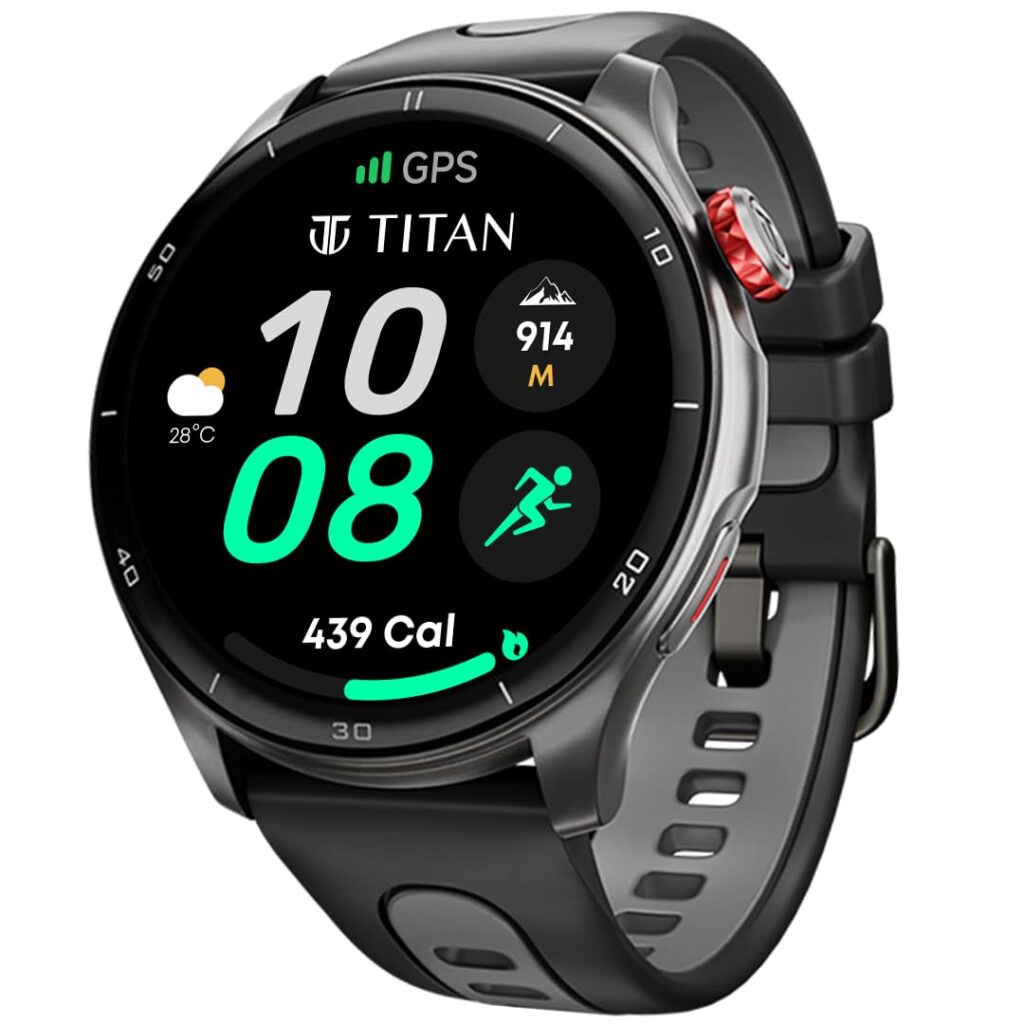 Titan Celestor 1.43" AMOLED Smart Watch with Built-in GPS, Advanced Health Intelligence, AI Voice Assistant, Aluminium Case, 100+ Sports Modes, Water Resistance – Smartwatch for Men & Women (Black)