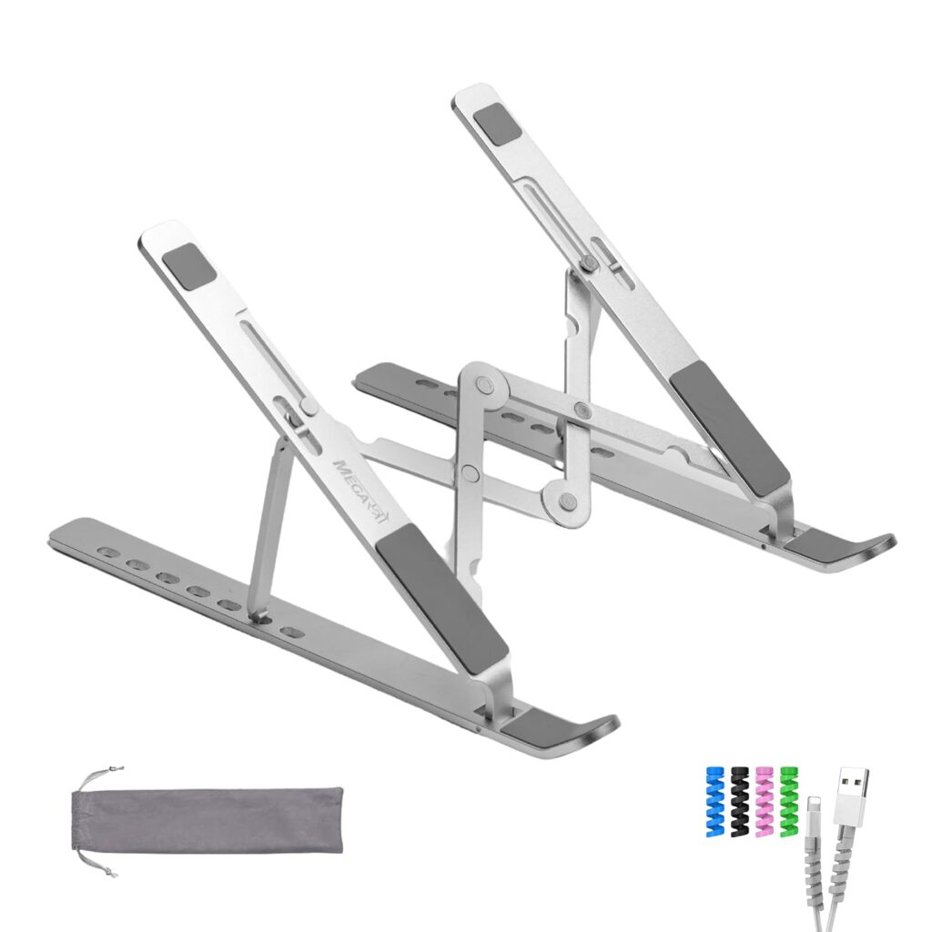 Laptop Stand for Desk with 7 Adjustable Angles, Aluminum Ergonomic Foldable Portable Compatible with All Brands 6-17.3 [with Pouch] [with Wire Protectors] (Metallic Silver)