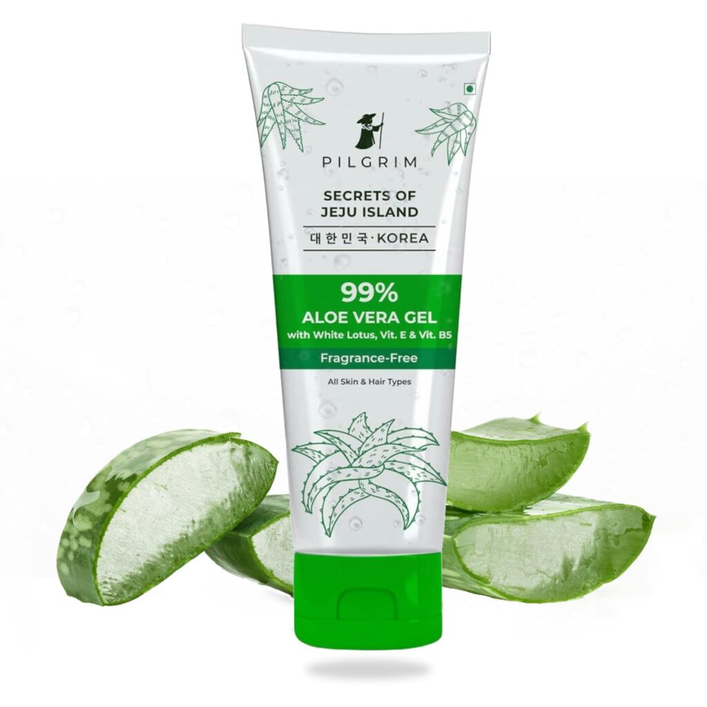 PILGRIM Korean 99% Pure Aloe Vera Gel 200ml with Vitamin E & Vitamin B5 for Face & Hair | Hydrates & Soothes Skin | Conditions & Softens Hair | Free from Parabens, Sulphates, Mineral Oils & Fragrance I For Women and Men