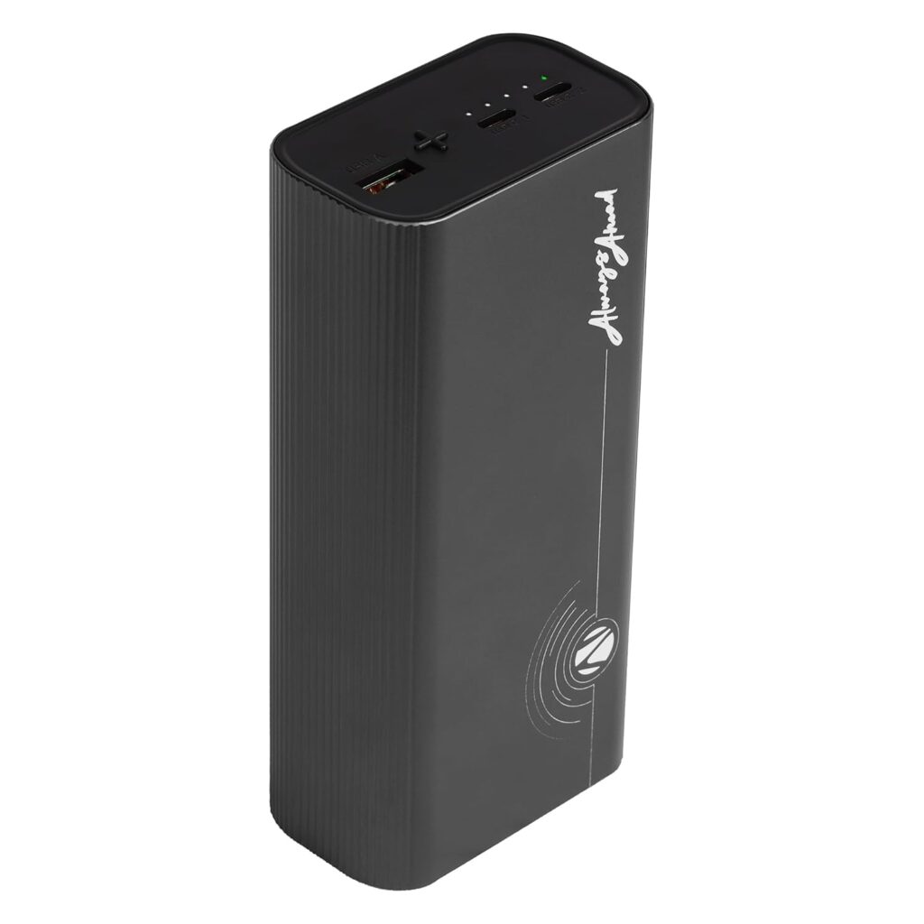 ZEBRONICS 27000 mAh Power Bank, 65W Fast Charging, Outputs (2 Type C & 1 USB) PD3.0, For iPhone, Android, Laptop, Tablets, Earbuds, Flight Friendly, Metallic Body + Type C Cable (EnergiPOD 27R2, Grey)