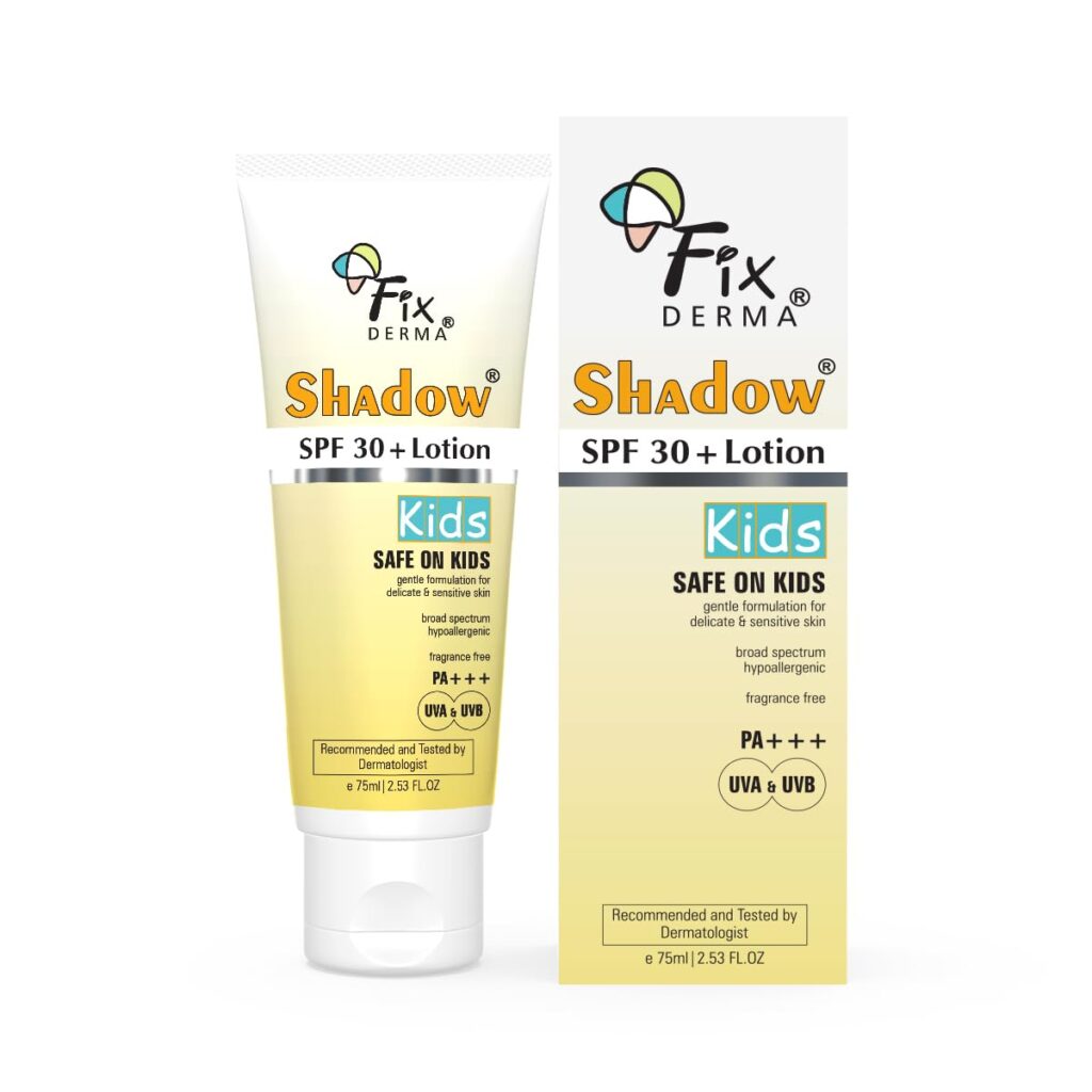 Fixderma Shadow Sunscreen SPF 30+ Lotion for Kids PA+++ | Sensitive Skin, Body & Face | Broad Spectrum Sunscreen for UVA & UVB Protection,Non Greasy & Water Resistant - 75gm
